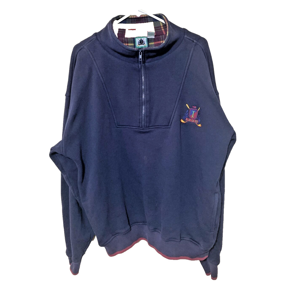 IZOD Sweatshirt Men Large Navy Blue 3/4 Zip Pullover Vintage Pockets Preppy FLAW